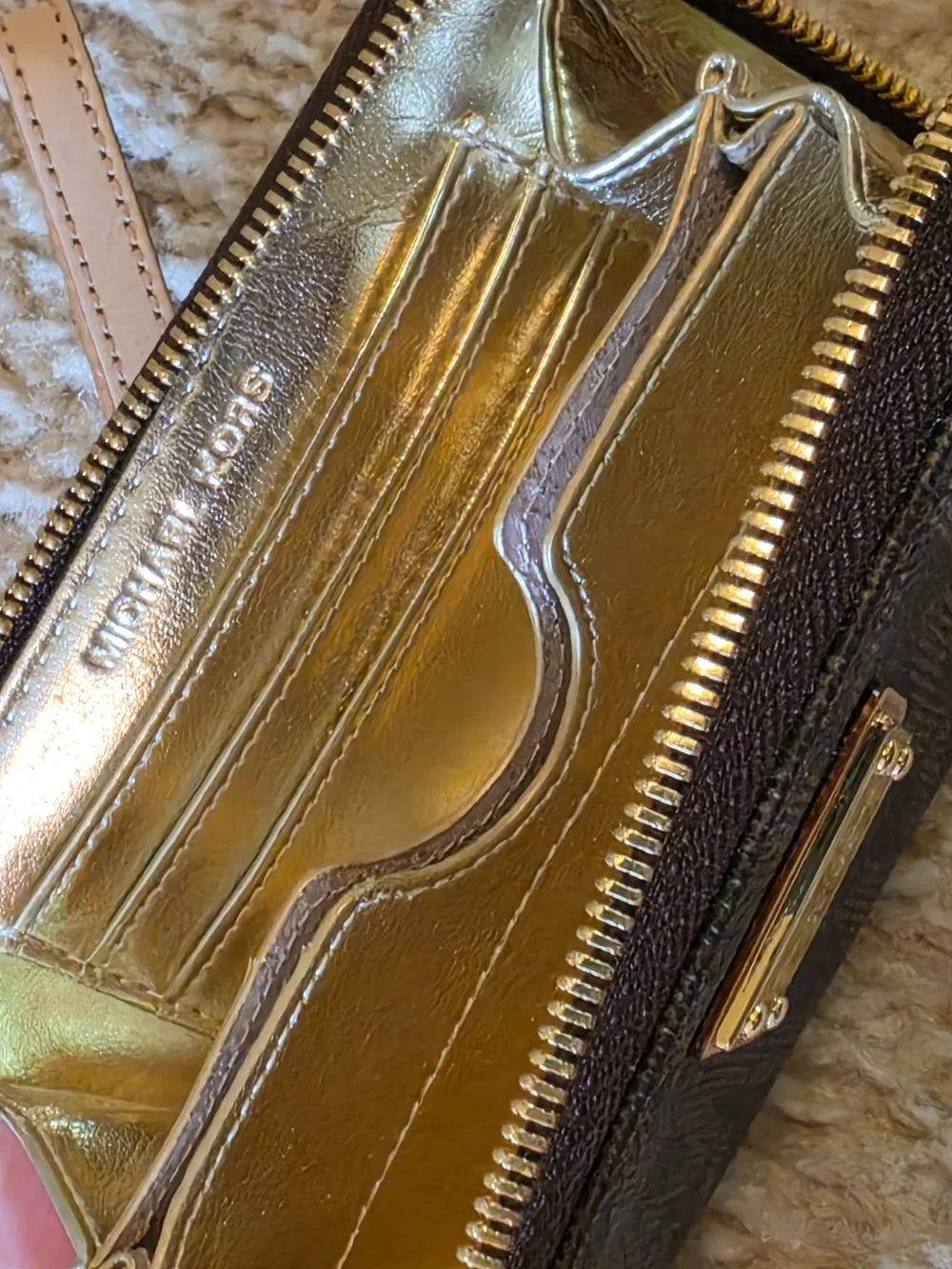 MICHAEL KORS Dark Brown Logo Zip Wristlet with Gold Interior